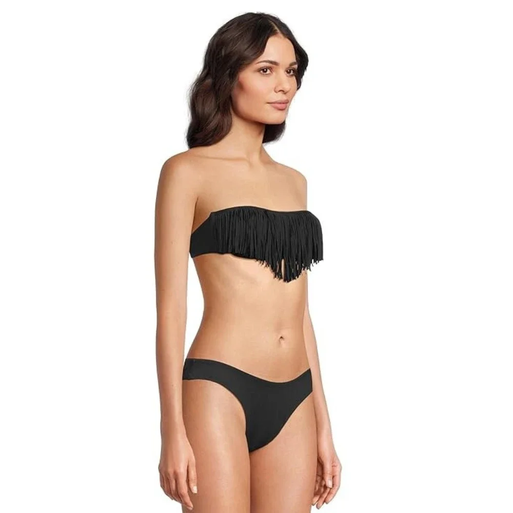 L*Space Dixie Top Womens XL Black Fringe Nylon Stretch Strapless Swimwear TLW74